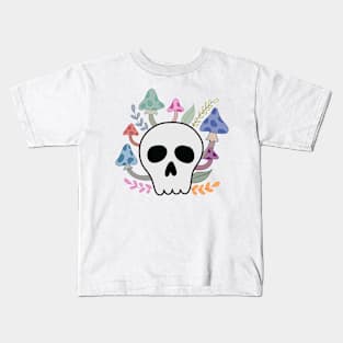 Skull with Mushrooms and Flowers Kids T-Shirt